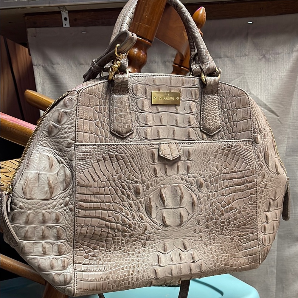 Brahmin Croc-Embossed Satchel in Taupe